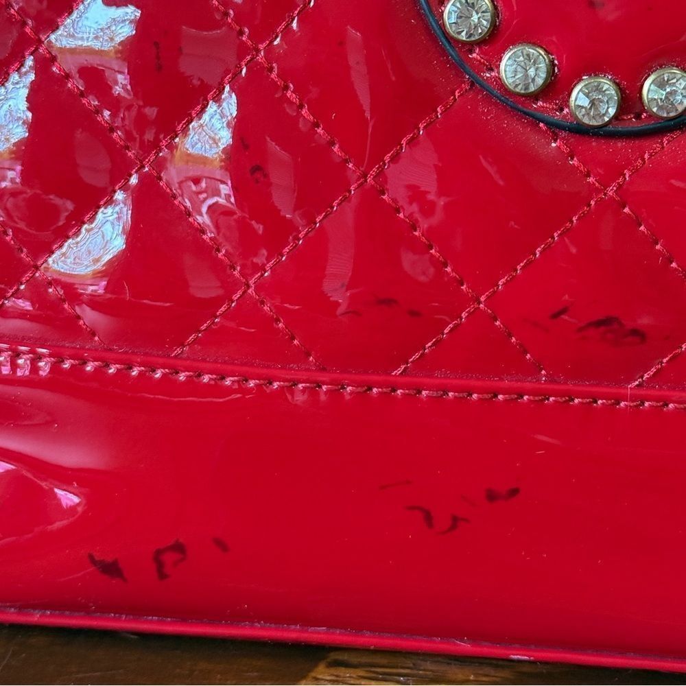 Question Mark ? Handbag Red With Studded Rhinestone Detail Quilted Stitching - Picture 15 of 16